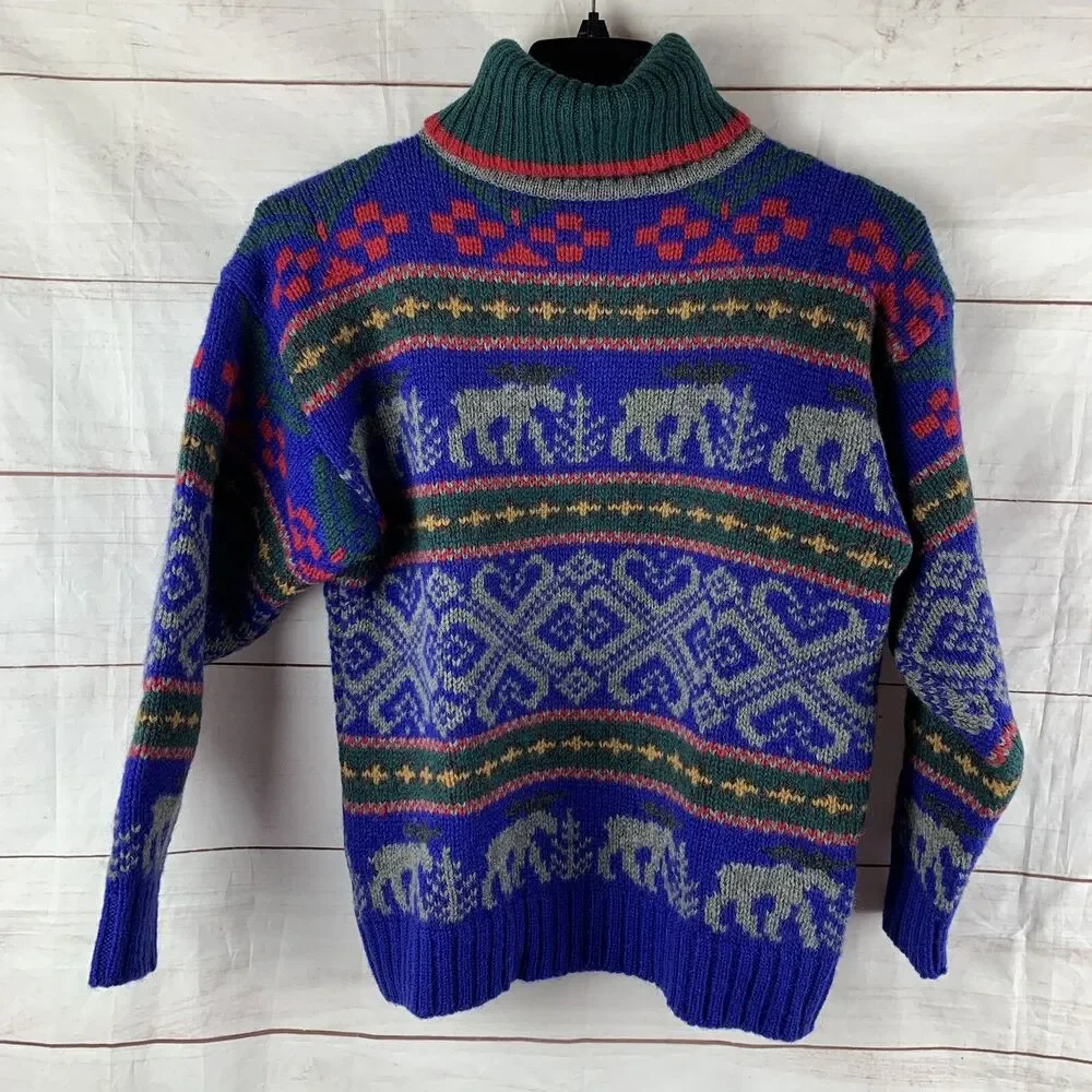 Eddie Bauer Sweater Pullover Vintage Wool turtleneck Deer Animals Geometric Aran - Picture 8 of 16